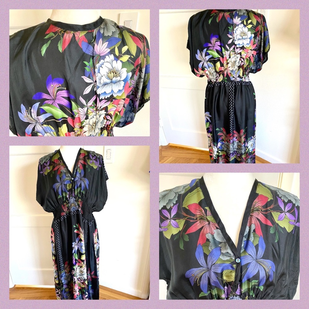 Johnny Was Black Floral Midi Dress